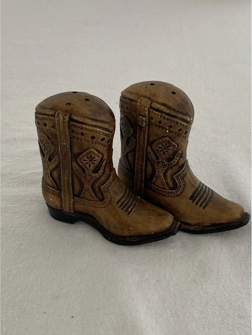 Vintage Western Cowboy Boot Salt Pepper Shakers Ceramic Figural Set Leather Look